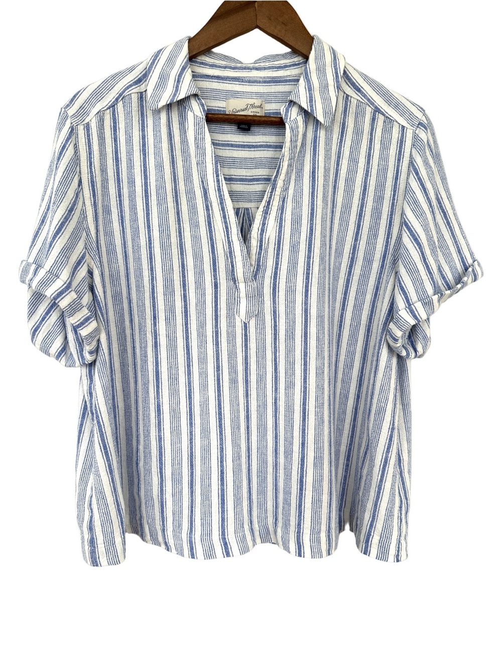 Universal Thread Striped Collared Tunic, Short Sleeves, Cropped, Linen Blend